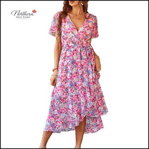 Summer Maxi Dress Wrap V Neck Ruffle Flowy Boho Wedding Guest Casual